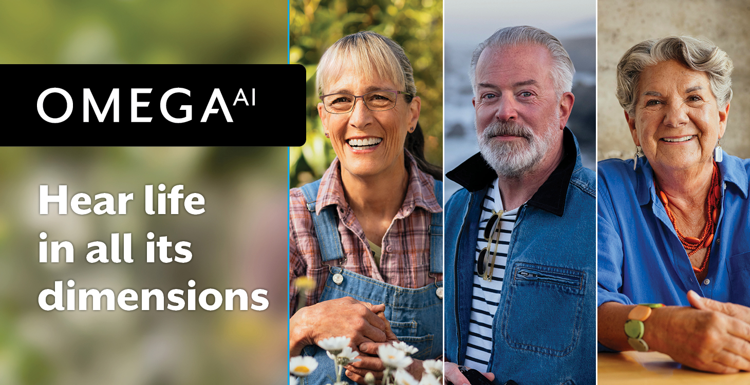 Image for Omega AI hearing aids with three hearing aid wearers including a middle aged woman and man and another woman